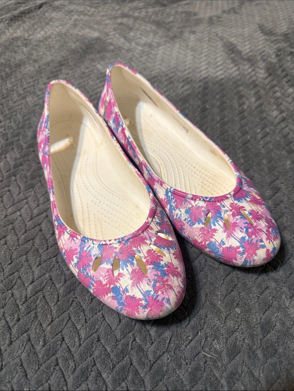 CROCS Pink Floral Ballet Flats with Blue Accents
